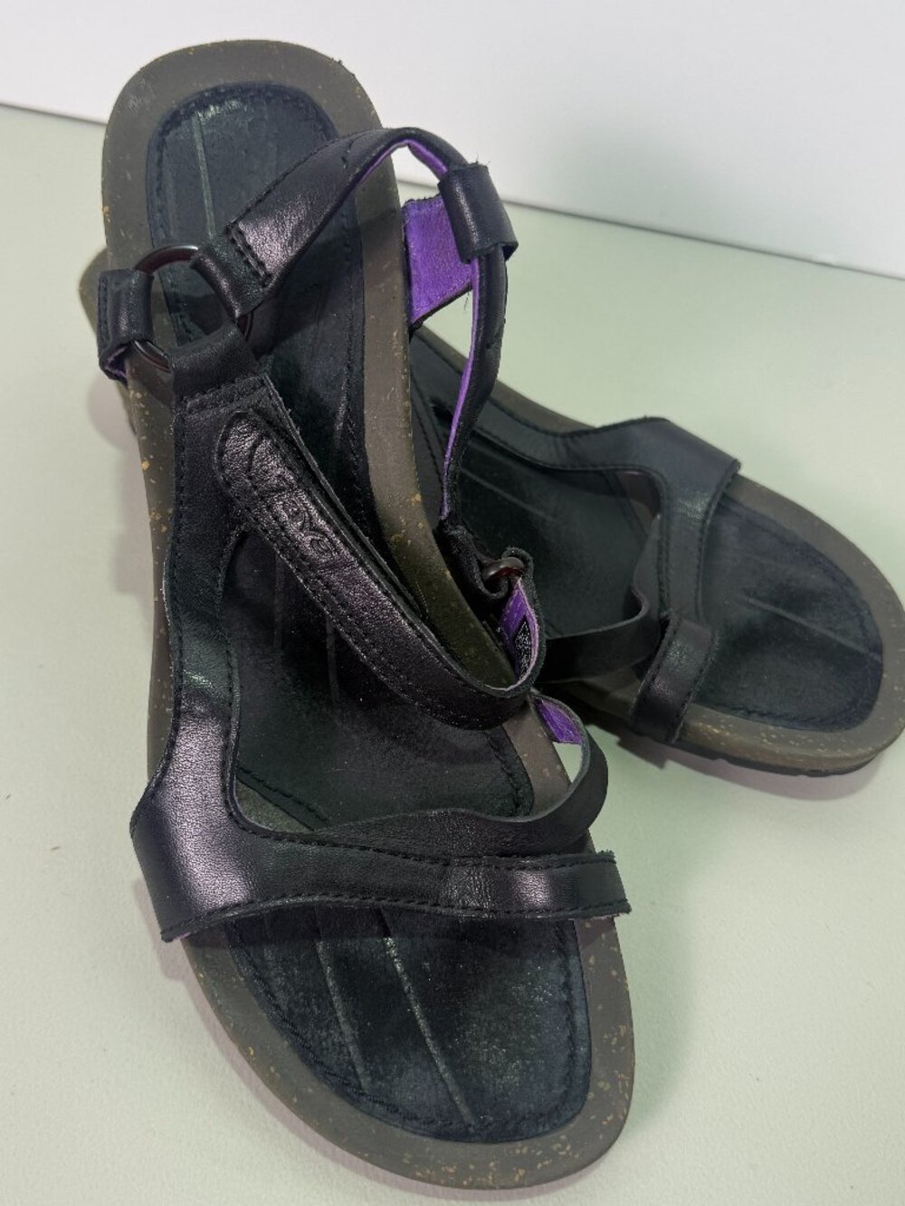 Teva Cabrillo Black Leather Purple Accent Cork Wedge Sandals Size 10